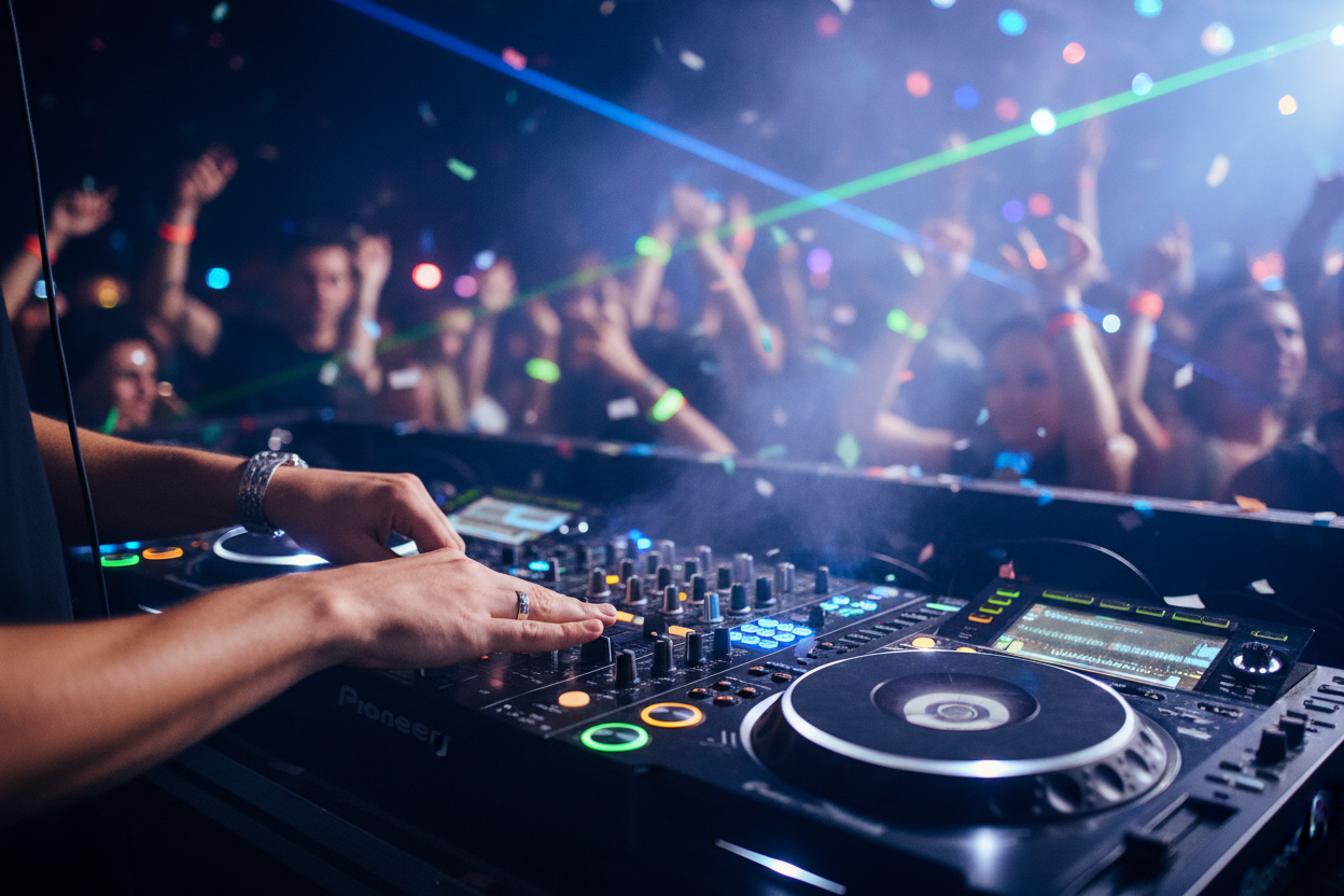 DJ hands on turntables at party